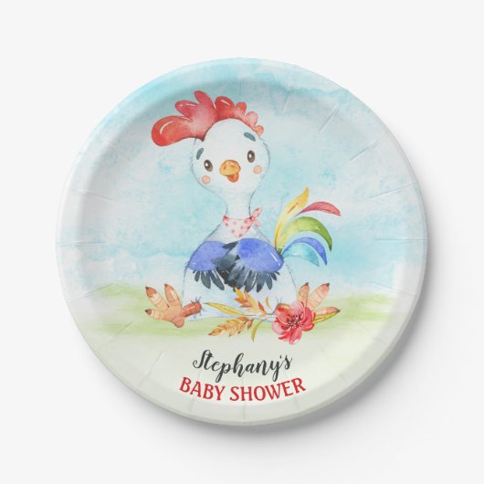 Watercolor Rooster Baby Showfarm Pappteller (Vorderseite)