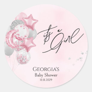 Watercolor-Rosa-Balloons-It's-a-Girl-Baby-Shower Runder Aufkleber