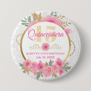 Watercolor-Rosa-Blumen & Goldfolie Quinceañera Button