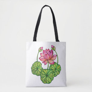 Watercolor-rosa Lotos mit den Knospen u. Blätter Tasche