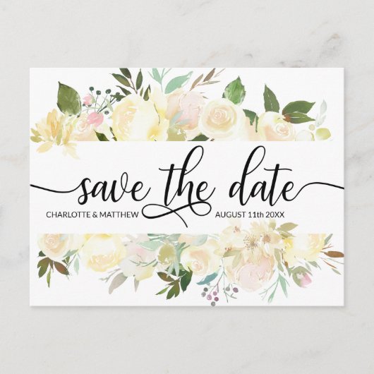 Watercolor-rosa mit Blumenelfenbein, das SAVE THE Ankündigungspostkarte (Vorderseite)