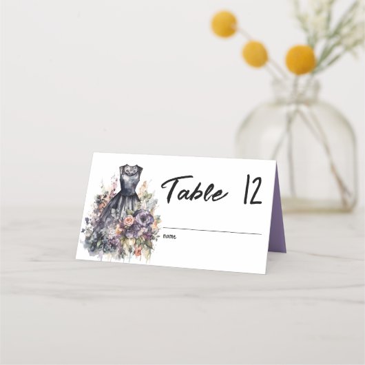 Watercolor rosa Rosa schwarze Brautkleid Name Platzkarte (Vorderseite)