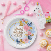 Watercolor Rosa Rose & Blauer Schmetterling Mutter Pappteller (Party)