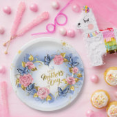 Watercolor Rosa Rose & Blauer Schmetterling Mutter Pappteller (Party)