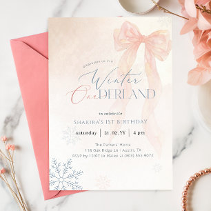 Watercolor Rosa Schleife Winter Onederland 1. Gebu Einladung