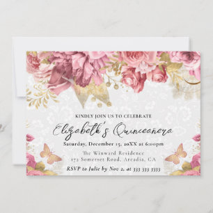 Watercolor-Rosa- und Goldblumen-Quinceanera Einladung