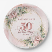 Watercolor Rose Gold Blush Greenery 50th Birthday Pappteller (Vorderseite)