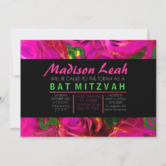 WATERCOLOR ROSE PINK NEON Bat Mitzvah Einladung (Vorderseite)