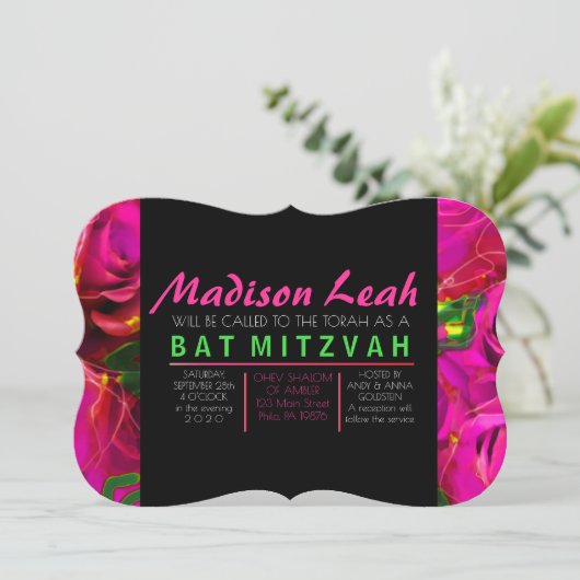 WATERCOLOR ROSE PINK NEON Bat Mitzvah Einladung (Stehend Vorderseite)