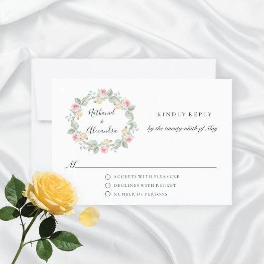 Watercolor Rose Wreath Summer Wedding RSVP Karte