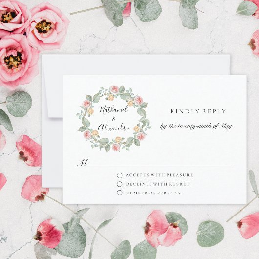 Watercolor Rose Wreath Summer Wedding RSVP Karte