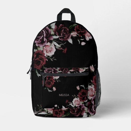Watercolor Roses Black Background Bedruckter Rucksack (Vorderseite)