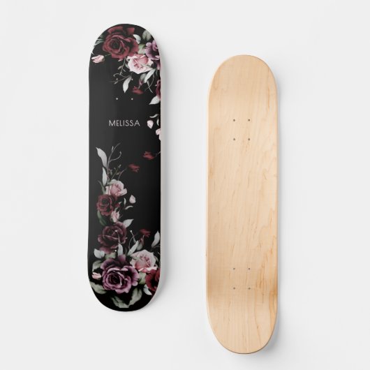Watercolor Roses Black Background Skateboard (Vorderseite)