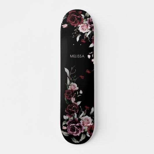Watercolor Roses Black Background Skateboard (Vorne)