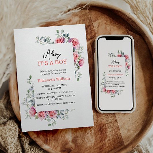 Watercolor Roses & Eucalyptus Baby Shower Einladung