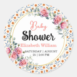 Watercolor Roses & Eucalyptus Baby Shower Runder Aufkleber