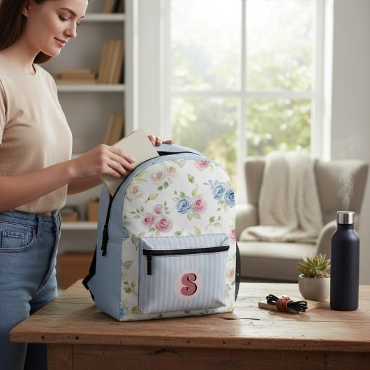 Watercolor Roses Pastel Stripe Initial Backpack Bedruckter Rucksack