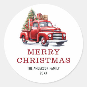 Watercolor-Rot-LKW-Baum-Familie-Frohe-Weihnachten Runder Aufkleber