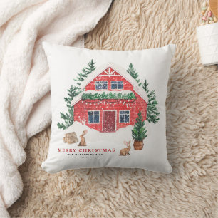 Watercolor Rote Hütte Winterwelt Weihnachten Kissen
