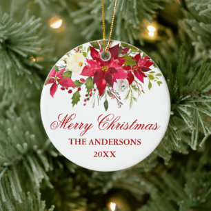 Watercolor-Rote Weihnachtsstern-Blumenpersonalisat Keramik Ornament