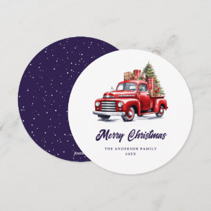 Watercolor Roter LKW Violetter Frohe Weihnachtskar Feiertagskarte