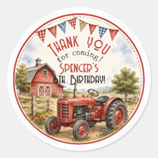 Watercolor Roter Traktor Geburtstag Danke Aufklebe Runder Aufkleber