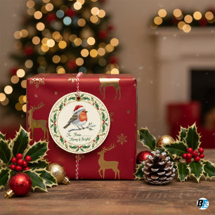 Watercolor-Rotkehlchen- und Stechpalmen-Weihnachts Geschenkanhänger