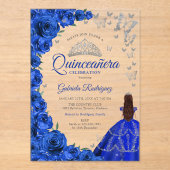 Watercolor Royal Blue Roses Silver Quinceanera Acryleinladungen (Vorderseite)
