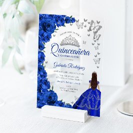 Watercolor Royal Blue Roses Silver Quinceanera Acryleinladungen