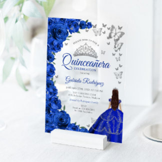 Watercolor Royal Blue Roses Silver Quinceanera Acryleinladungen