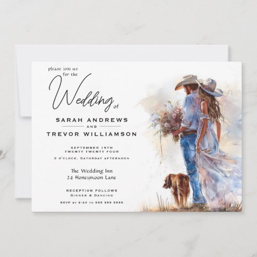 Watercolor Rustic Cowboy Wedding Einladung (Vorderseite)