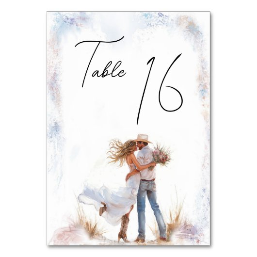 Watercolor Rustic Cowboy Wedding Tischnummer (Vorderseite)