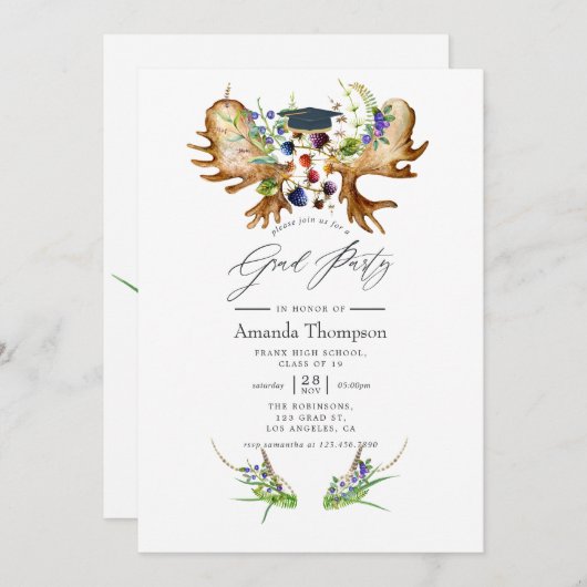 Watercolor Rustic Forest Graduation Party Einladung (Vorne/Hinten)