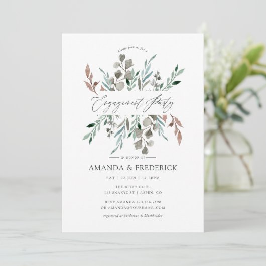 Watercolor Rustic Greenery Winter Engagement Party Einladung (Stehend Vorderseite)