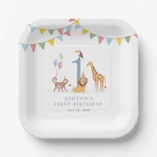 Watercolor Safari Animals Birthday Paper Plate Pappteller (Vorderseite)