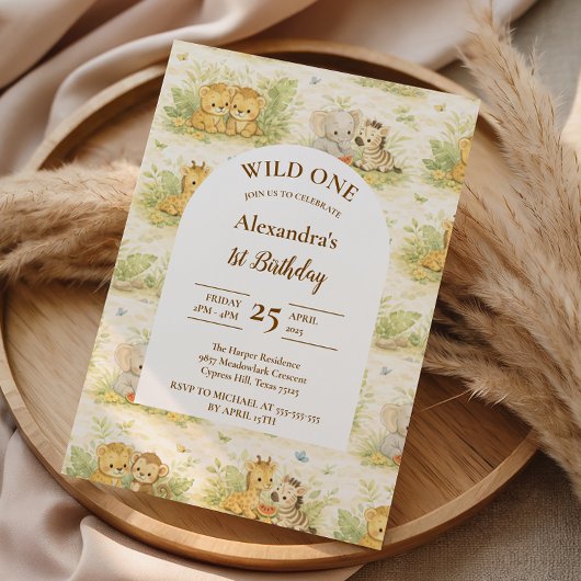 Watercolor Safari Animals First Birthday Einladung