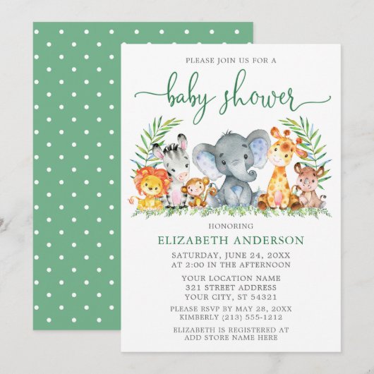 Watercolor Safari Animals Kinderdusche Grünes Skri Einladung (Vorne/Hinten)