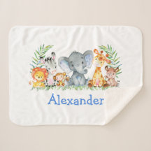 Watercolor Safari Baby Animals Blue Elephant