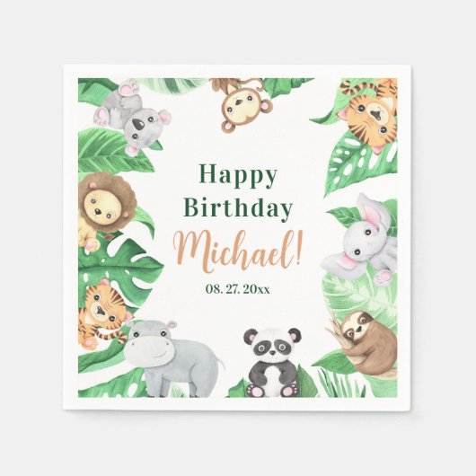 Watercolor Safari Jungle Animals Happy Birthday Serviette (Vorderseite)