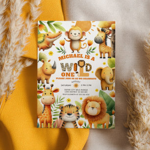 Watercolor-Safari-Tiere WILD ONE 1. Geburtstag Einladung