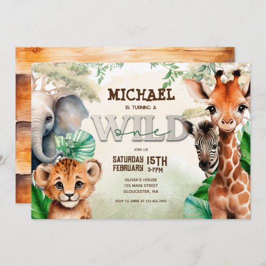 Watercolor Safari Wild One Einladung (Vorne/Hinten)