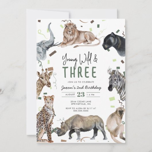 Watercolor Safari Young Wild & Three Birthday Einladung (Vorderseite)