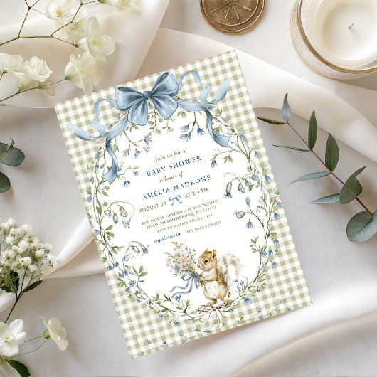 Watercolor Sage Gingham Squirrel Baby Shower Einladung