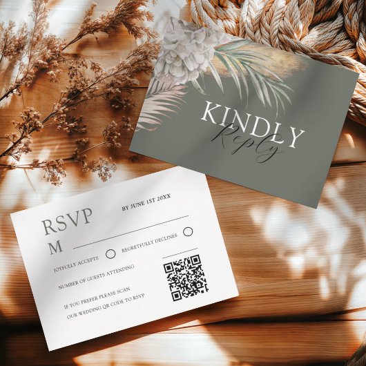 Watercolor Sage Green Palms & Floral Wedding RSVP Karte