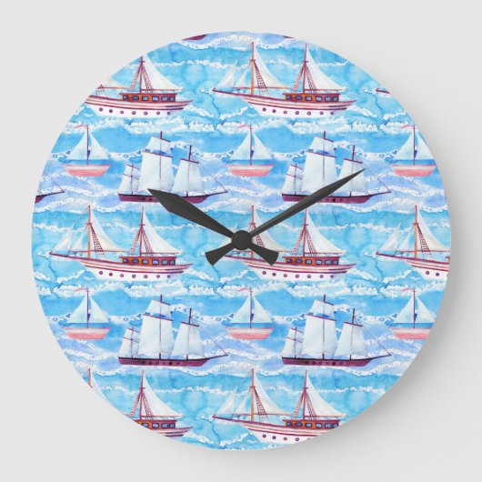 Watercolor Sailing Ships Pattern Große Wanduhr (Vorderseite)