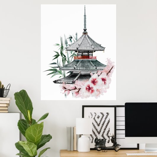 Watercolor Sakura Blossom Bamboo Japanischer Tempe Poster (Heimbüro)