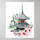 Watercolor Sakura Blossom Bamboo Japanischer Tempe Poster (Vorne)