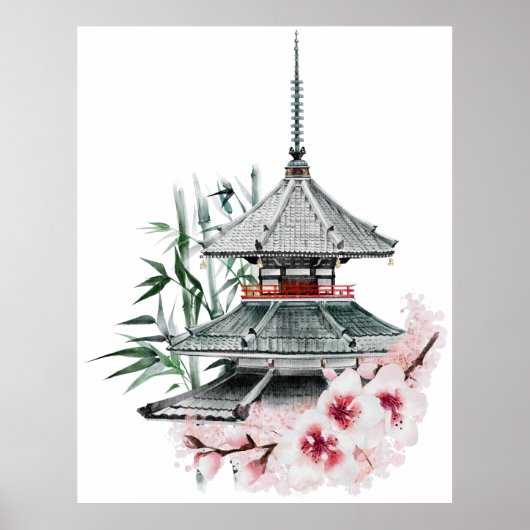 Watercolor Sakura Blossom Bamboo Japanischer Tempe Poster (Vorne)