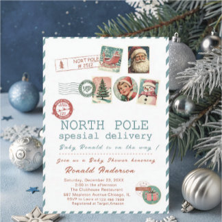 Watercolor Santa BabyNordpol Baby Shower werdende Einladung