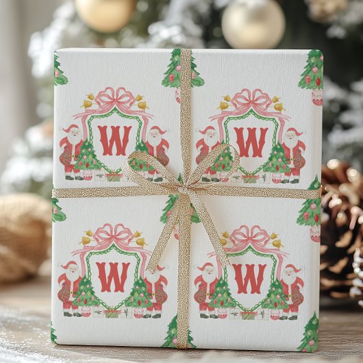 Watercolor Santa Monogram Wappen Weihnachten Geschenkpapier